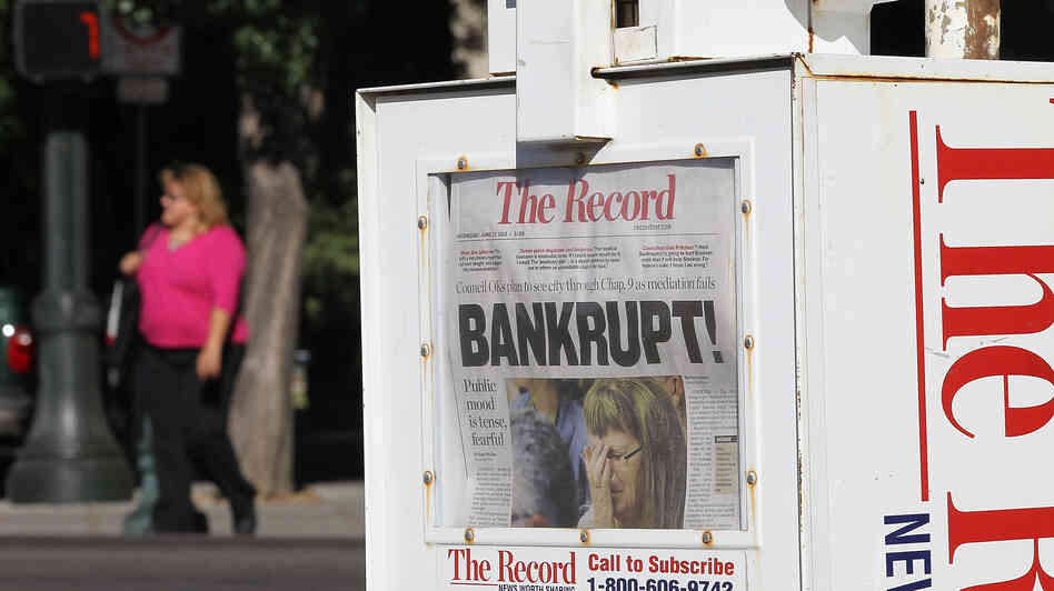 A headline in The Record newspaper in Stockton, Cailf., tells the story of the city's plan for operating under Chapter 9 bankruptcy protection following failed talks with bondholders and labor unions. A headline in The Record newspaper in Stockton, Cailf., tells the story of the city's plan for operating under Chapter 9 bankruptcy protection following failed talks with bondholders and labor unions.