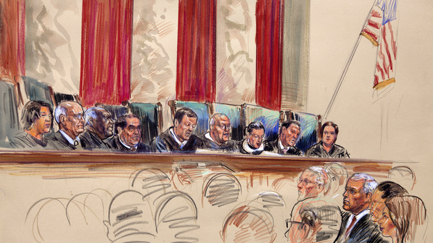 This artist's rendering shows Chief Justice John Roberts (center) speaking at the Supreme Court on Thursday. From left are Justices Sonia Sotomayor, Stephen Breyer, Clarence Thomas, Antonin Scalia, Roberts, Anthony Kennedy, Ruth Bader Ginsburg, Samuel Alito and Elena Kagan. The court voted 5-4 to uphold President Obama's health care law.