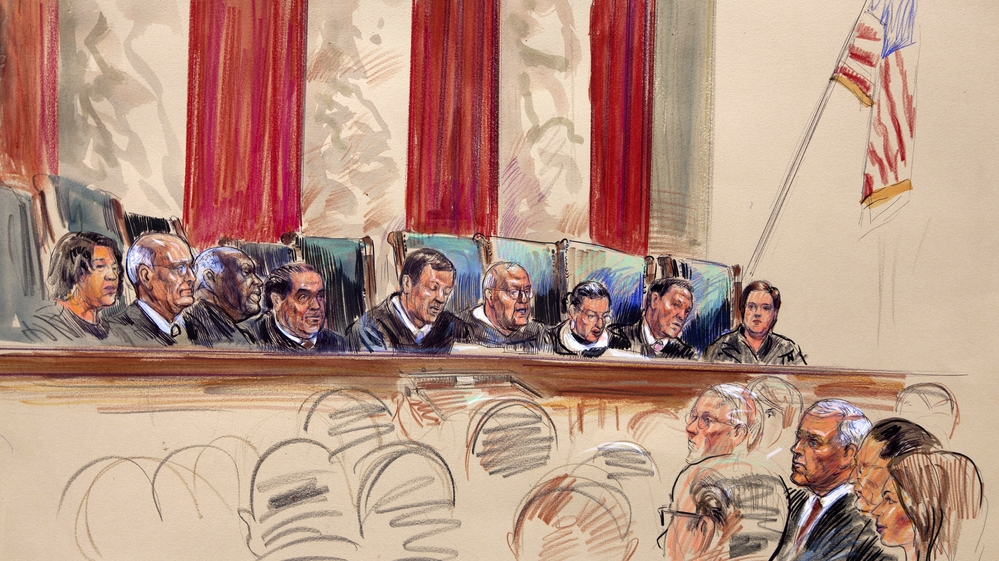 This artist's rendering shows Chief Justice John Roberts (center) speaking at the Supreme Court on Thursday. From left are Justices Sonia Sotomayor, Stephen Breyer, Clarence Thomas, Antonin Scalia, Roberts, Anthony Kennedy, Ruth Bader Ginsburg, Samuel Alito and Elena Kagan. The court voted 5-4 to uphold President Obama's health care law.