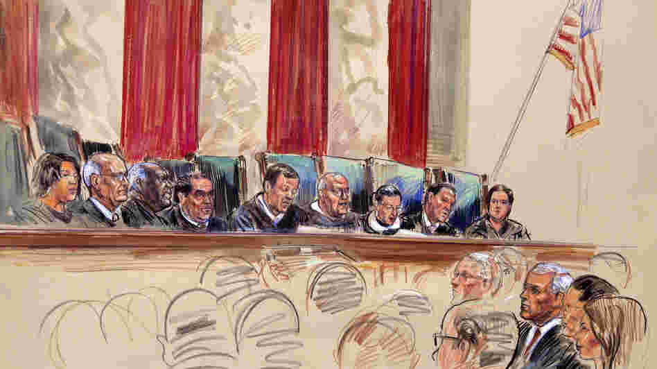 This artist's rendering shows Chief Justice John Roberts (center) speaking at the Supreme Court on Thursday. From left are Justices Sonia Sotomayor, Stephen Breyer, Clarence Thomas, Antonin Scalia, Roberts, Anthony Kennedy, Ruth Bader Ginsburg, Samuel Alito and Elena Kagan. The court voted 5-4 to uphold President Obama's health care law.