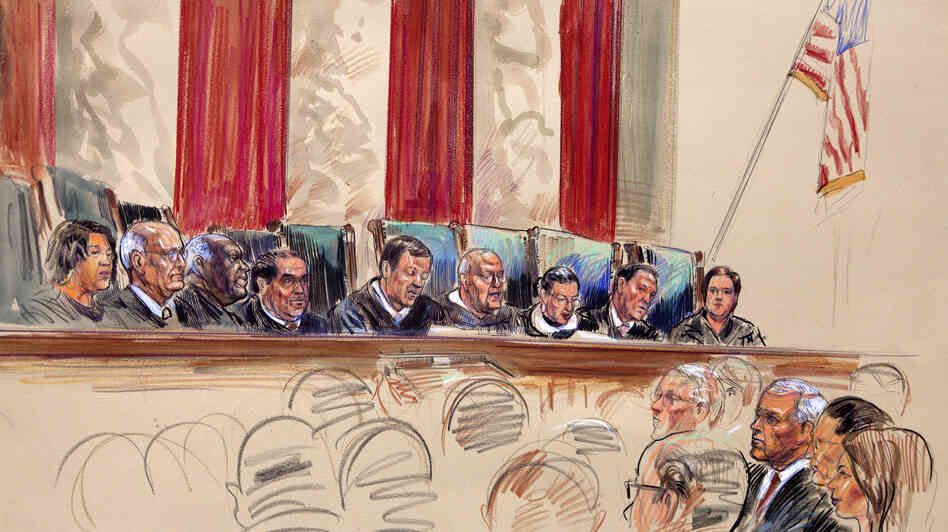 This artist's rendering shows Chief Justice John Roberts (center) speaking at the Supreme Court on Thursday. From left are Justices Sonia Sotomayor, Stephen Breyer, Clarence Thomas, Antonin Scalia, Roberts, Anthony Kennedy, Ruth Bader Ginsburg, Samuel Alito and Elena Kagan. The court voted 5-4 to uphold President Obama's health care law.