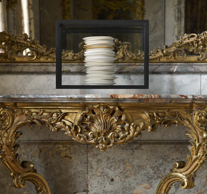 De Waal's 2012 work all and more is on display in the Dining Room. It is made up of 23 porcelain dishes: 22 in white and cream glazes and one gilded dish, contained in a clear glass vitrine.