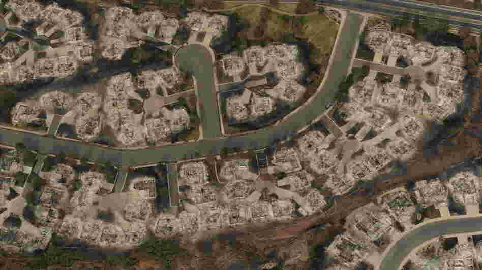This aerial photo taken Thursday shows the destructive path of the Waldo Canyon fire in the Mountain Shadows subdivision area of Colorado Springs, Colo.