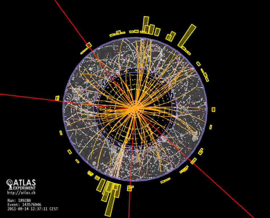 This image, from a sensor at the particle accelerator at CERN, is an example of the data signature a Higgs particle might generate.