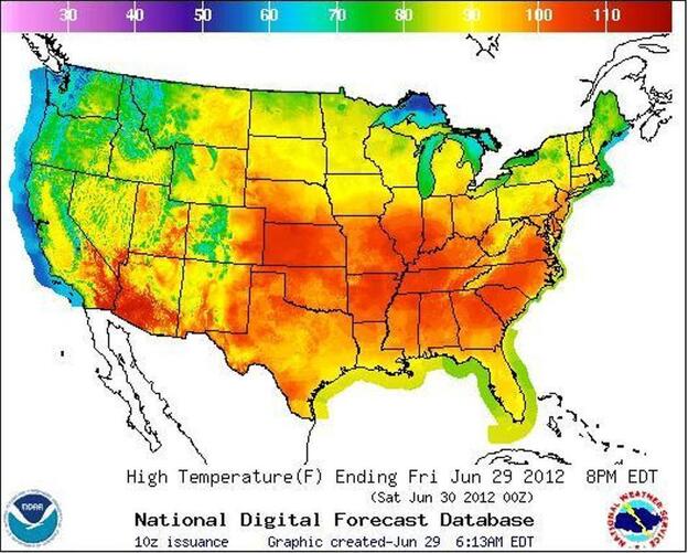 Today's forecast. The redder it is, the hotter it will be.