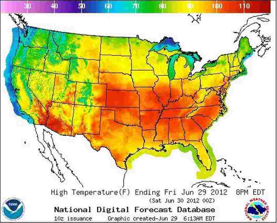 Today's forecast. The redder it is, the hotter it will be.