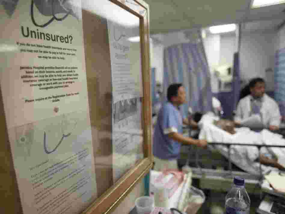 A bulletin board in New York's Jamaica Hospital offers advice for uninsured patients. A bulletin board in New York's Jamaica Hospital offers advice for uninsured patients.