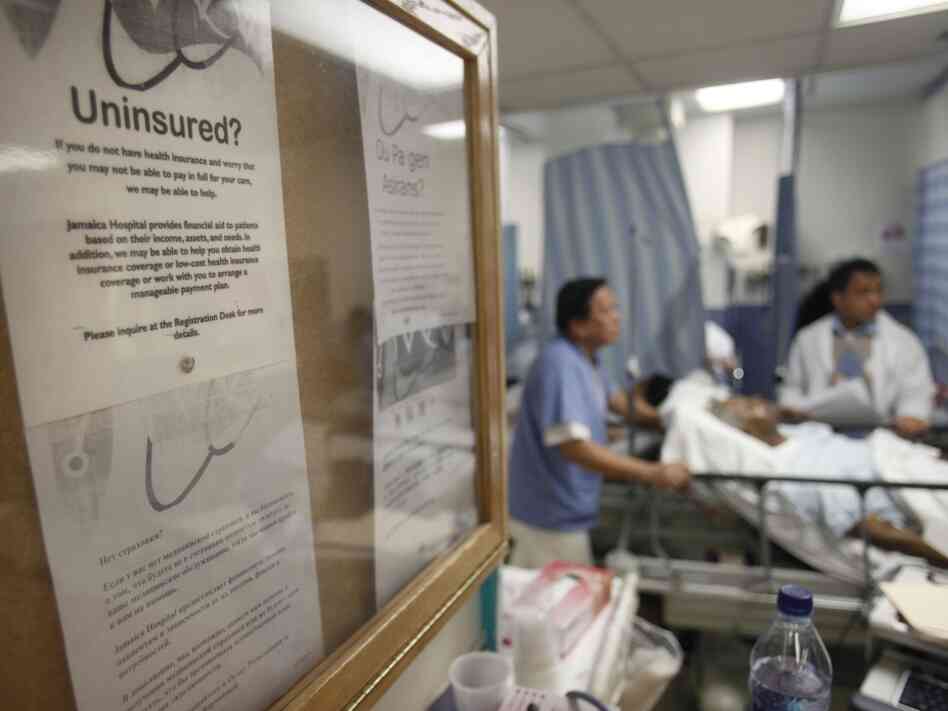 A bulletin board in New York's Jamaica Hospital offers advice for uninsured patients. A bulletin board in New York's Jamaica Hospital offers advice for uninsured patients.