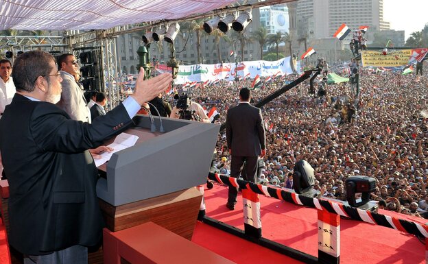 The Egyptian Presidency released this image of Mohammed Morsi giving a speech to tens of thousands of people in Cairo's Tahrir Square on Friday. Morsi was sworn in as Egypt's president on Saturday.