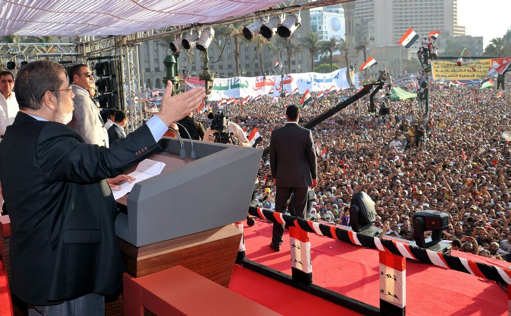 The Egyptian Presidency released this image of Mohammed Morsi giving a speech to tens of thousands of people in Cairo's Tahrir Square on Friday. Morsi was sworn in as Egypt's president on Saturday.