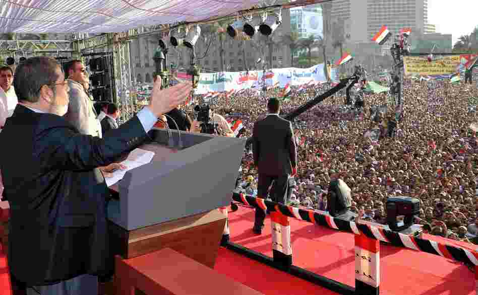 The Egyptian Presidency released this image of Mohammed Morsi giving a speech to tens of thousands of people in Cairo's Tahrir Square on Friday. Morsi was sworn in as Egypt's president on Saturday.