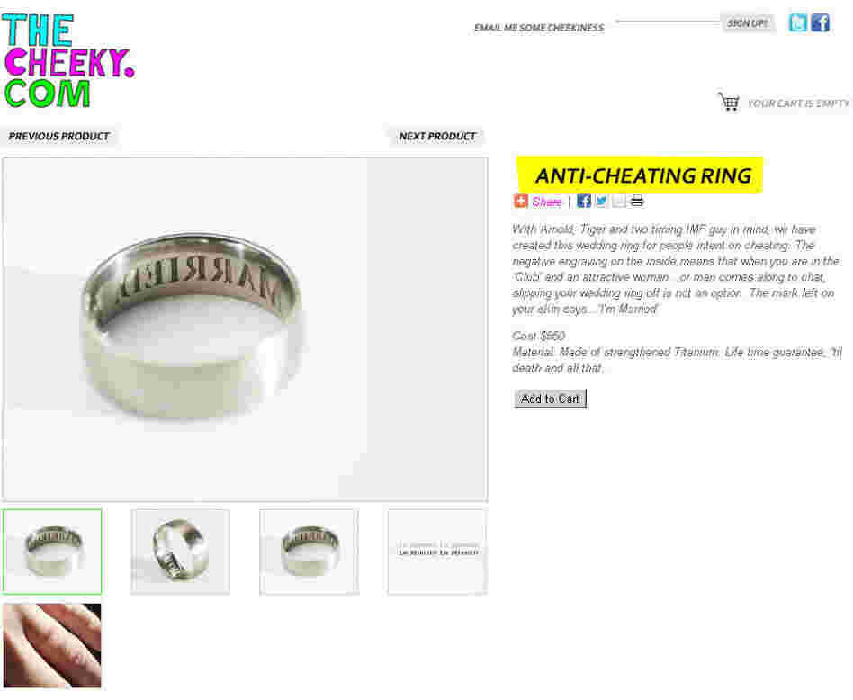 The "Anti-Cheating Ring" imprints "I'M MARRIED" around a would-be philanderer's finger.