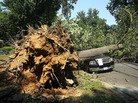 A downed tree lies on a truck in Falls Church, Va., after a powerful storm struck the area on Friday. A downed tree lies on a truck in Falls Church, Va., after a powerful storm struck the area on Friday.