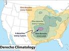 Where you're most likely to be in the path of a derecho, and how often. Where you're most likely to be in the path of a derecho, and how often.