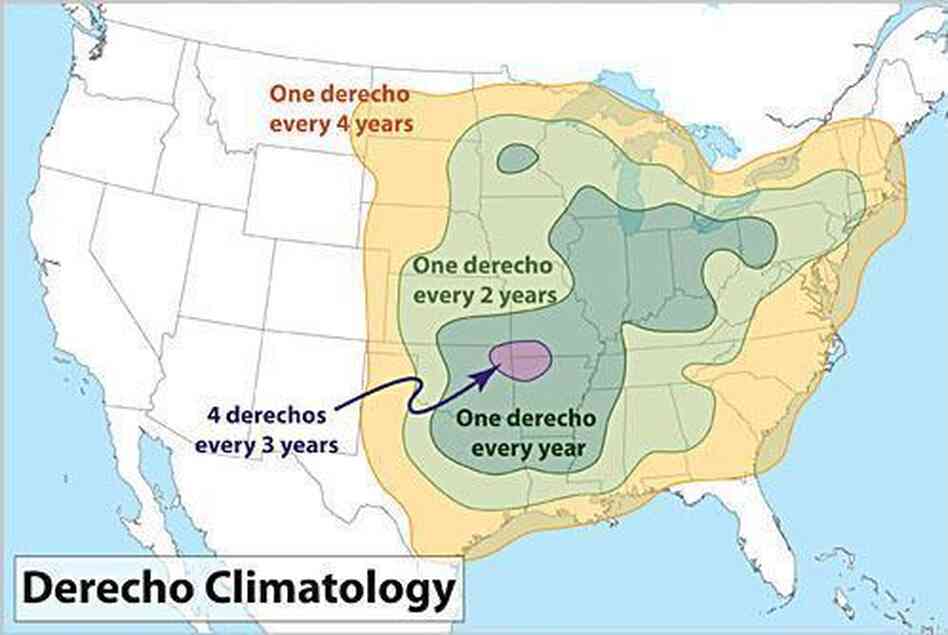 Where you're most likely to be in the path of a derecho, and how often. Where you're most likely to be in the path of a derecho, and how often.