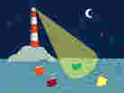 Illustration: A lighthouse casts its beam on a book in the water.