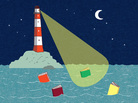 Illustration: A lighthouse casts its beam on a book in the water. Illustration: A lighthouse casts its beam on a book in the water.
