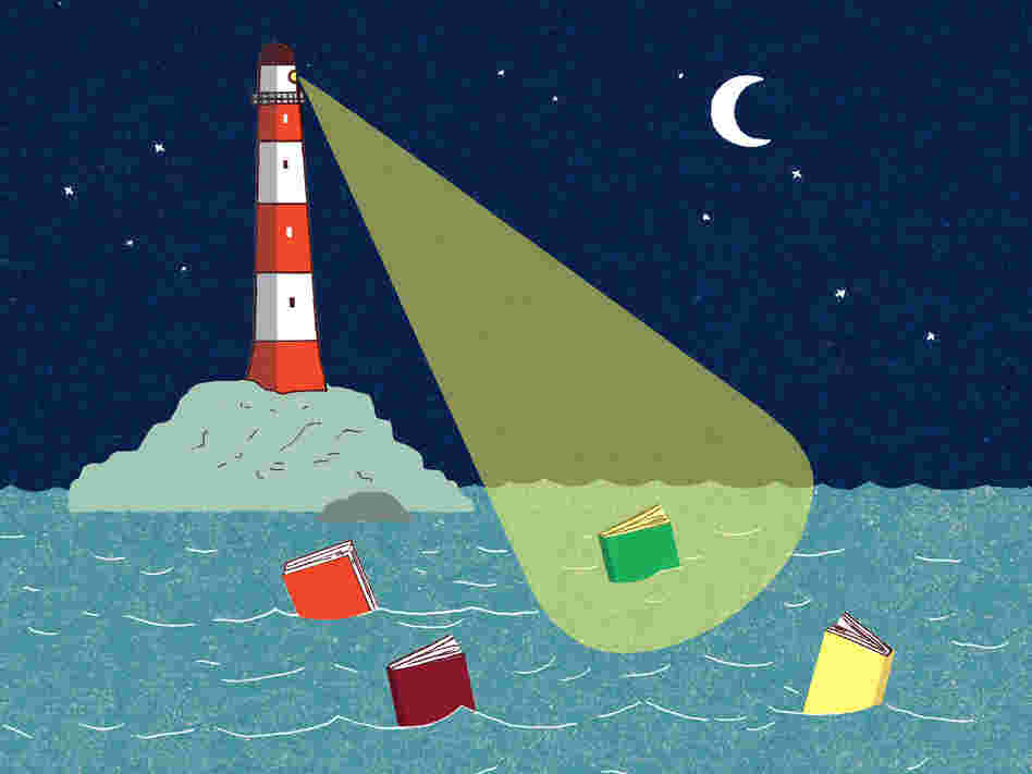 Illustration: A lighthouse casts its beam on a book in the water. Illustration: A lighthouse casts its beam on a book in the water.