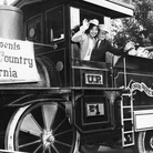 Seiji Ozawa and Arthur Fielder, aboard a train during Tanglewood on Parade, 1975.