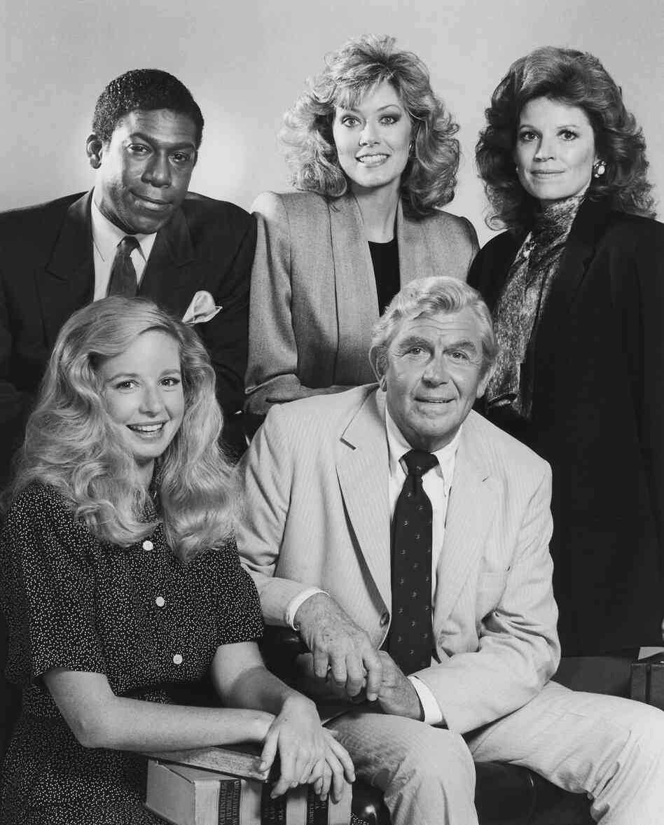 In the drama Matlock, Kene Holliday (top left), Nancy Stafford, Julie Sommars, Griffith and Kari Lizer played a criminal defense team that often came out on top.