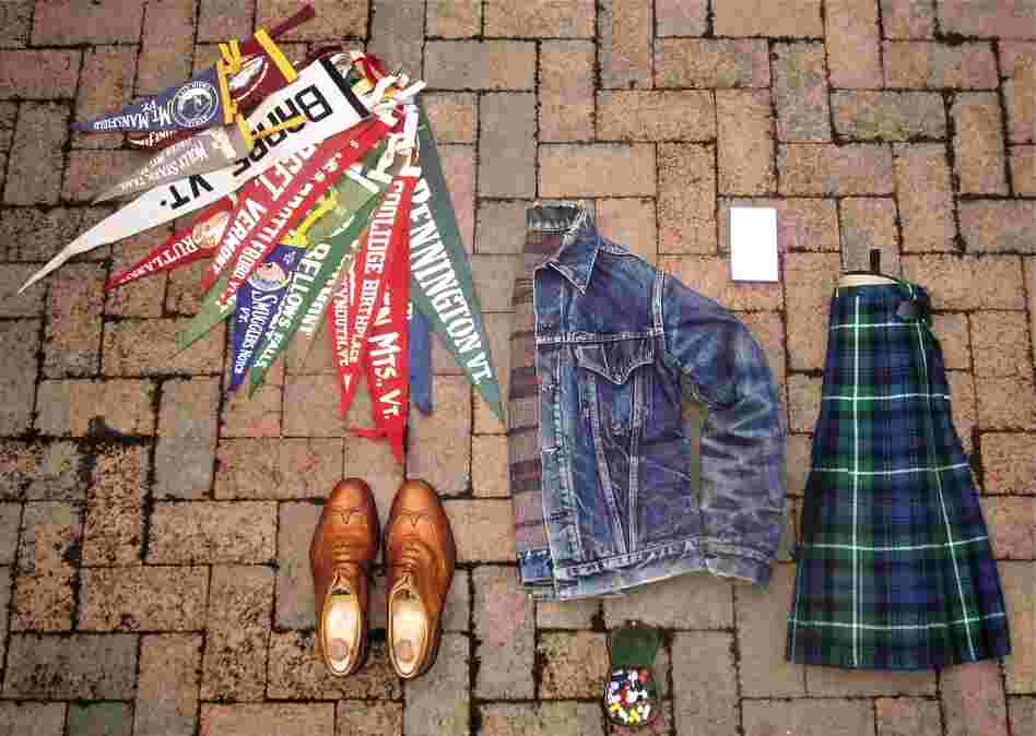 James Oliver Lamont Fox, 40, Massachusetts, student: "Growing collection of old-timey Vermont pennants; Ede & Ravenscroft brogues bought for our wedding; box of cufflinks; ... Levi's Troy-lined jacket; ... my kilt, Lamont, the only made-to-measure thing I own; external hard drive of photos."