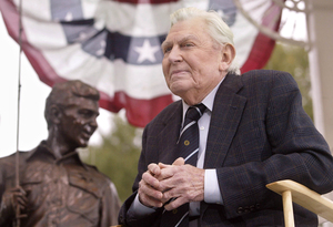 Griffith attends the 2003 unveiling of a bronze statue of the characters Andy and Opie from his hit TV series The Andy Griffith Show in Raleigh, N.C.