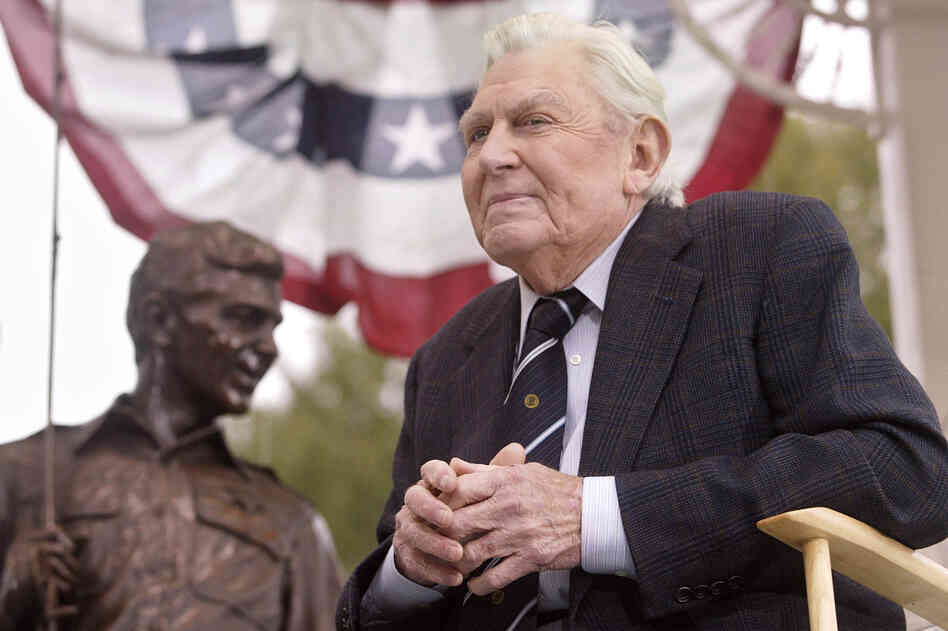 Griffith attends the 2003 unveiling of a bronze statue of the characters Andy and Opie from his hit TV series The Andy Griffith Show in Raleigh, N.C.