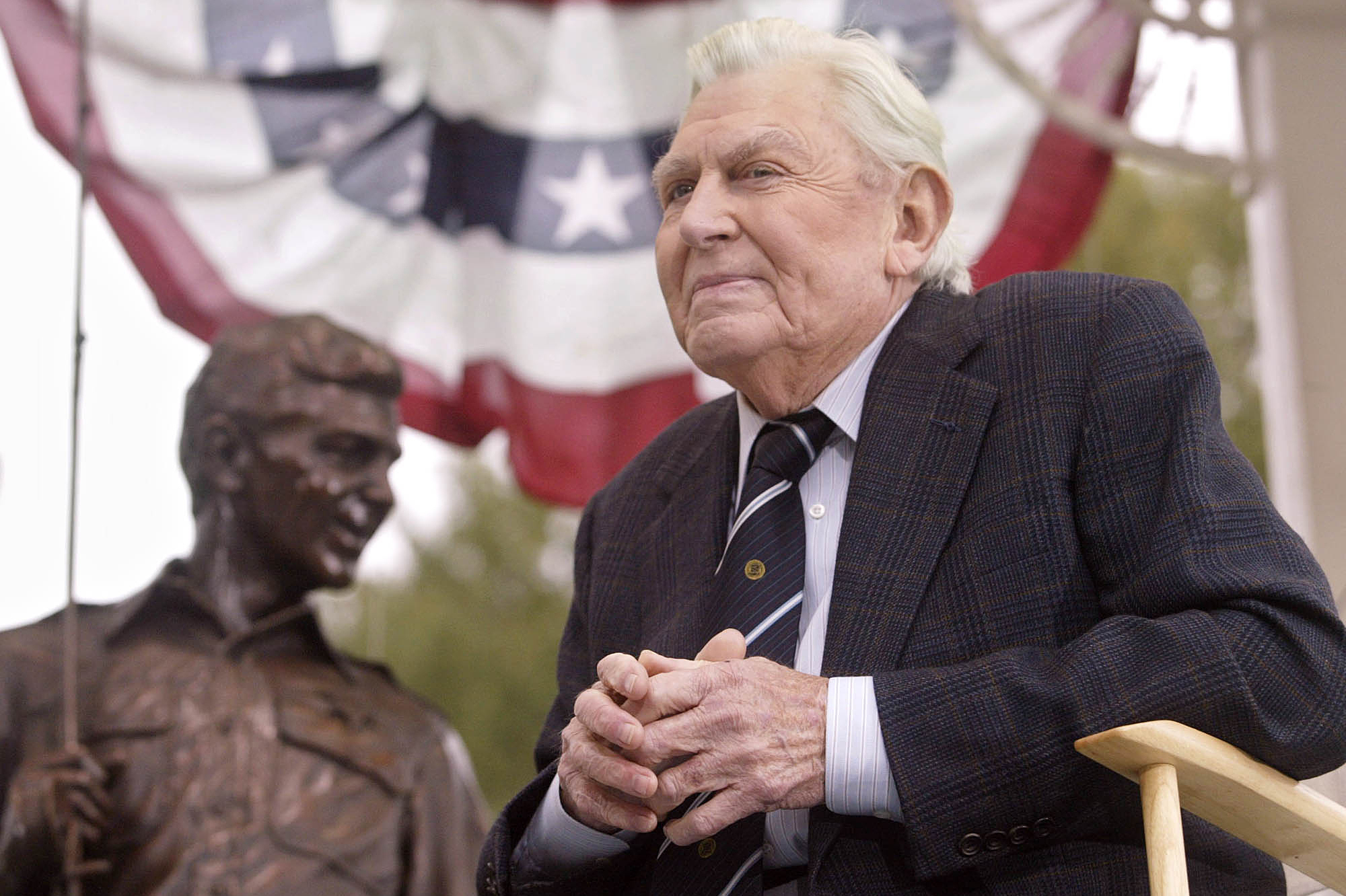Griffith attends the 2003 unveiling of a bronze statue of the characters Andy and Opie from his hit TV series The Andy Griffith Show in Raleigh, N.C.
