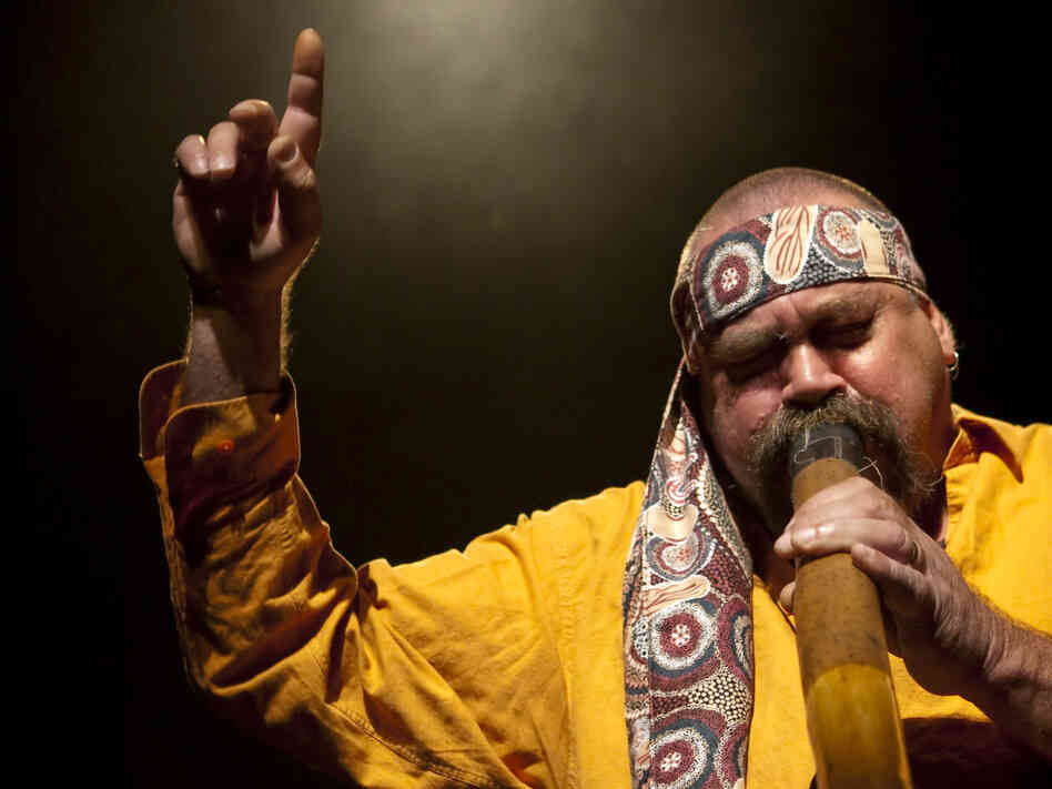 Aboriginal songwriter and didgeridoo player Mark Atkins performs with The Black Arm Band Company.