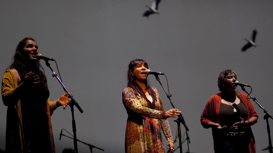 Singers Deline Briscoe, Shellie Morris and Lou Bennett (pictured left to right) perform with Australia's Black Arm Band Company.