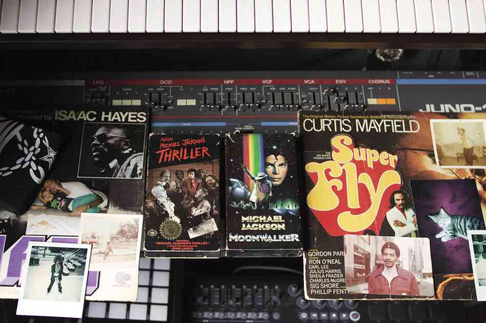 Erick Elliott, 22, Brooklyn, musician/designer/music hoarder: "Michael Jackson's Thriller and Moonwalker on VHS; OBEY GIANT handkerchief; Precious memento-ish pictures of my family ... Photo of my cat Morris, who passed away ... Axiom 49 keyboard, circa whenever I started making music; Native Instruments Maschine instrument, circa two months ago."