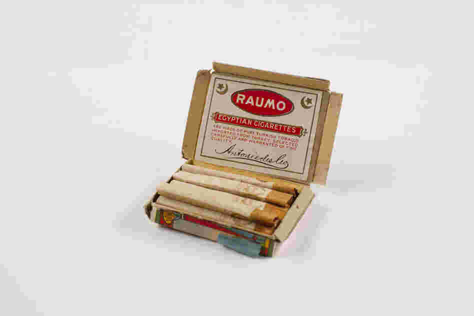 A Raumo Egyptian cigarettes package from 1914-15 contained an accompanying "coaching note" in Chinese. Hopeful immigrants would memorize answers to make sure they were responding to questions from immigration officials correctly. A note was found hidden in this pack and reads, "Grandmother bound feet. Chun Seak with me not recognize. Sure remember."