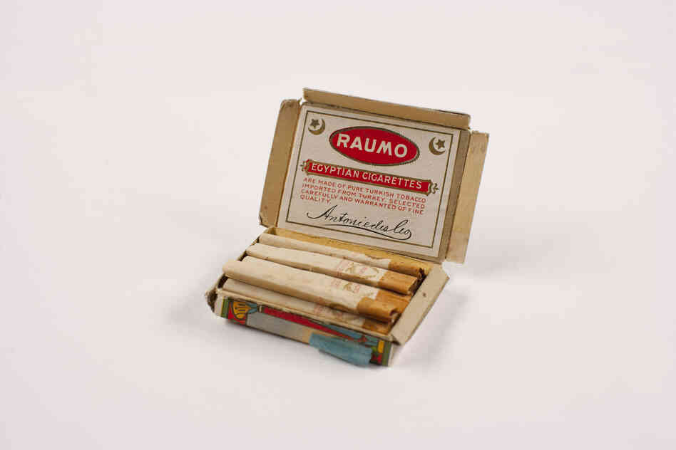 A Raumo Egyptian cigarettes package from 1914-15 contained an accompanying "coaching note" in Chinese. Hopeful immigrants would memorize answers to make sure they were responding to questions from immigration officials correctly. A note was found hidden in this pack and reads, "Grandmother bound feet. Chun Seak with me not recognize. Sure remember."