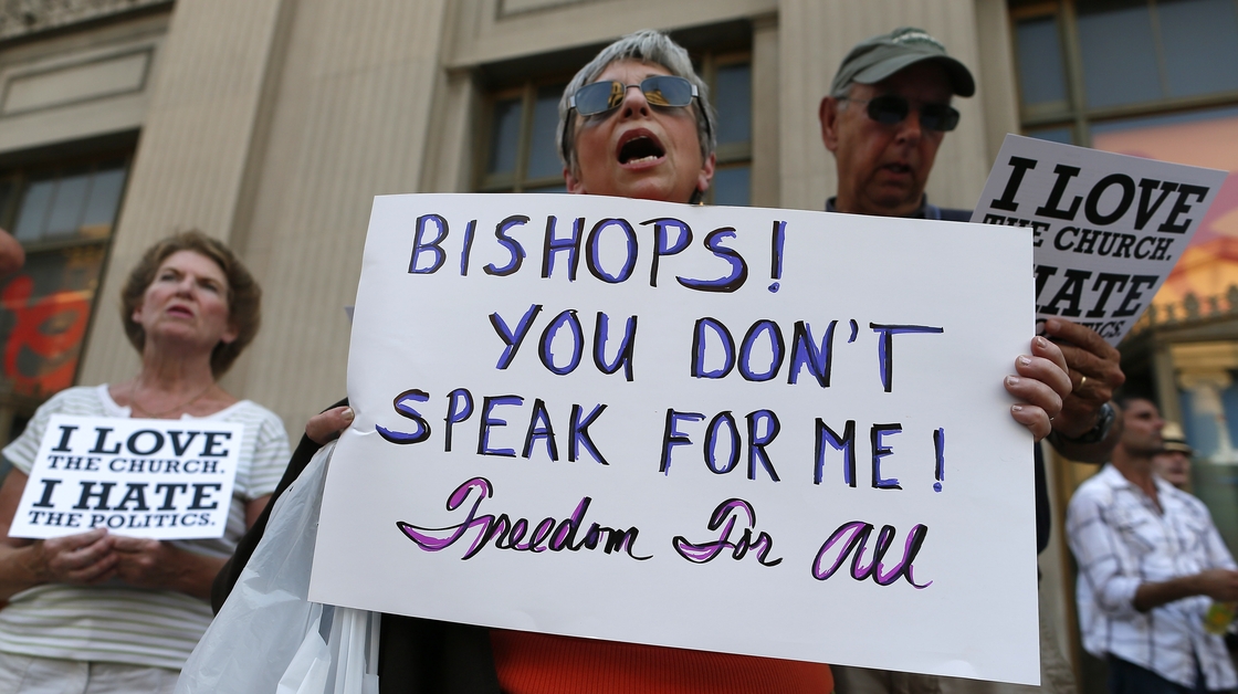 Protesters in Baltimore rally against the kickoff of Fortnight for Freedom, sponsored by the U.S. Conference of Catholic Bishops. The bishops say the campaign is a response to government attacks on religious liberty, but critics say it's an attack on the Obama administration.