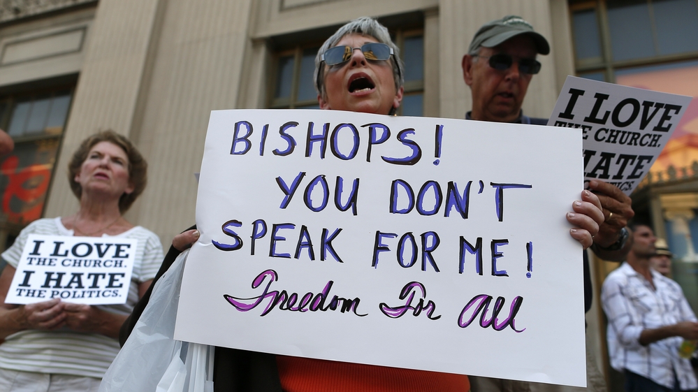 Protesters in Baltimore rally against the kickoff of Fortnight for Freedom, sponsored by the U.S. Conference of Catholic Bishops. The bishops say the campaign is a response to government attacks on religious liberty, but critics say it's an attack on the Obama administration.