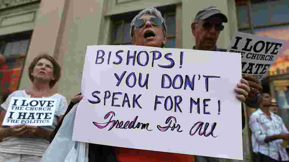 Protesters in Baltimore rally against the kickoff of Fortnight for Freedom, sponsored by the U.S. Conference of Catholic Bishops. The bishops say the campaign is a response to government attacks on religious liberty, but critics say it's an attack on the Obama administration.