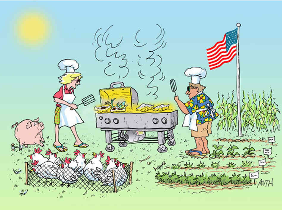 Bridget Lancaster and Jack Bishop prepare a traditional summer barbecue, as imagined by WHYY's artist-in-residence, Tony Auth.