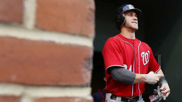 Washington Nationals' Bryce Harper walks out of the clubhouse before an interleague baseball game in Baltimore.