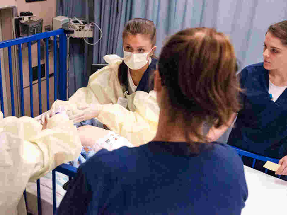 Nursing students in a simulation lab at the University of Virginia School of Nursing.