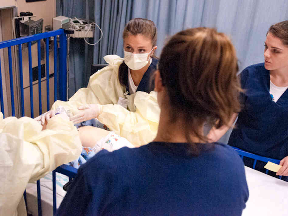 Nursing students in a simulation lab at the University of Virginia School of Nursing.