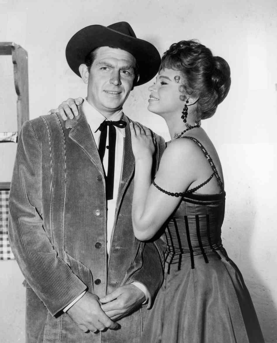 Griffith and Juliet Prowse pose on the set of The Second Time Around, a 1961 Western comedy starring Debbie Reynolds as a widow who moves from New York to Arizona.