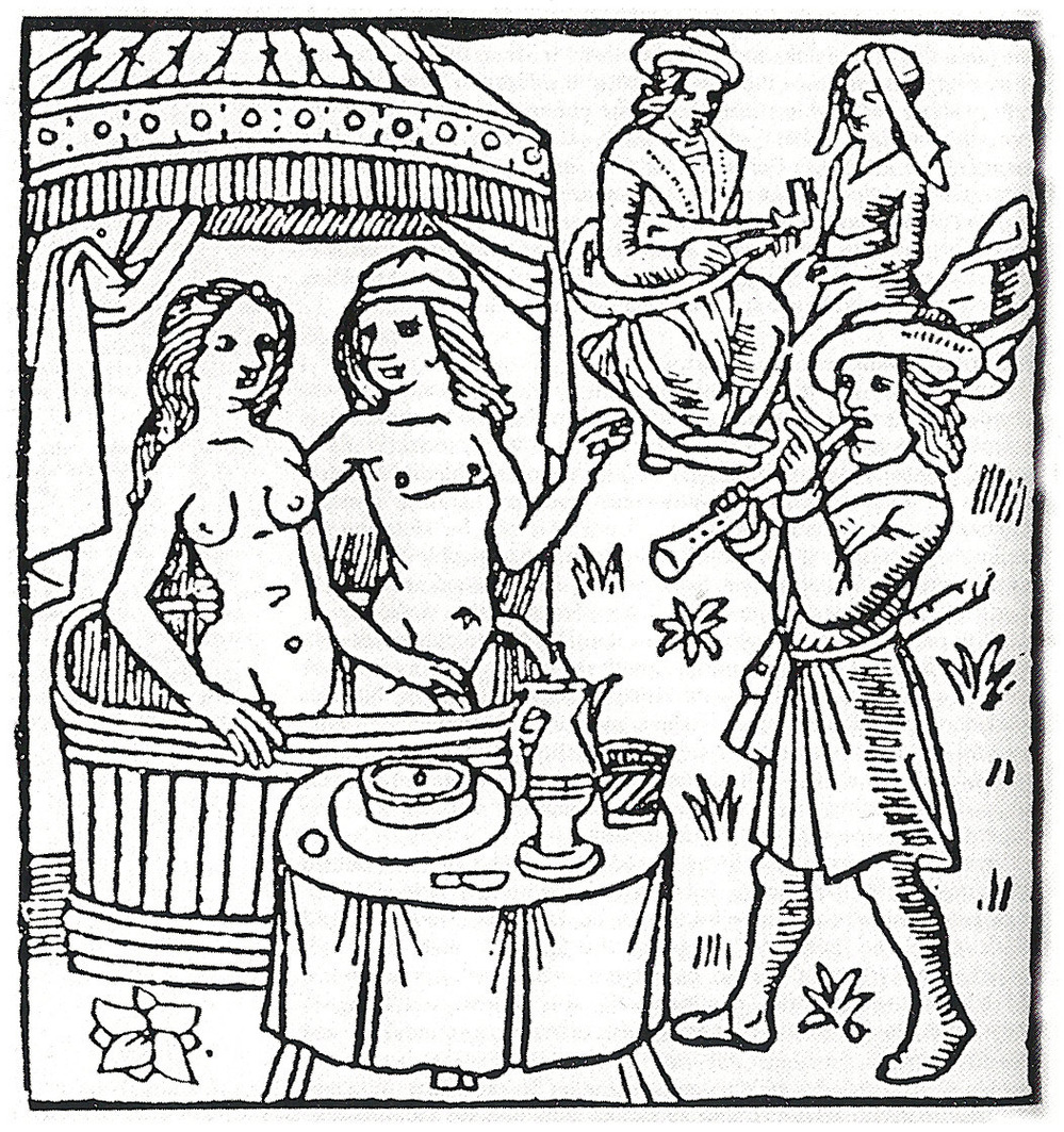 Just what was on the menu here? A 15th century woodcut shows nude bathers preparing to enjoy a pie.