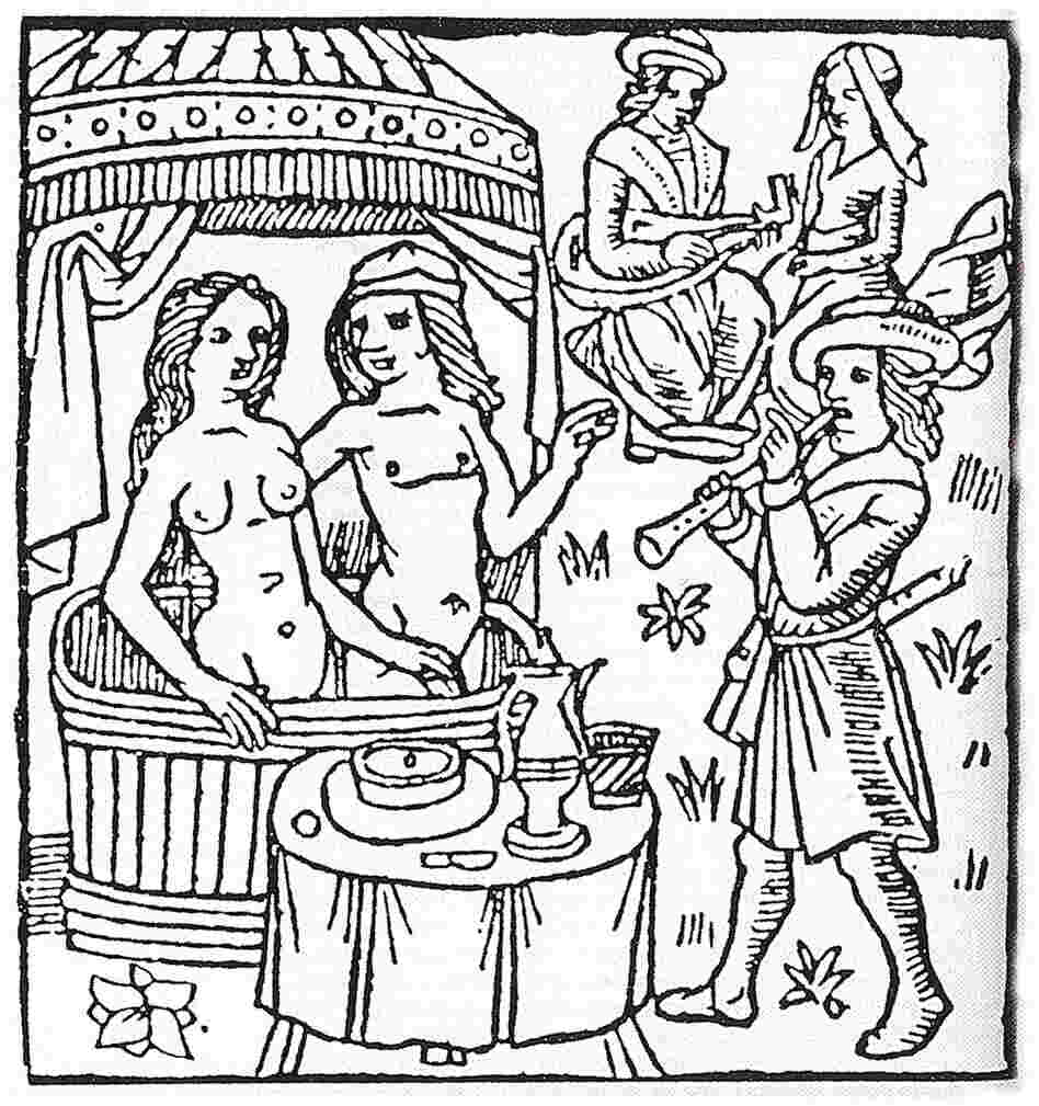 Just what was on the menu here? A 15th century woodcut shows nude bathers preparing to enjoy a pie.