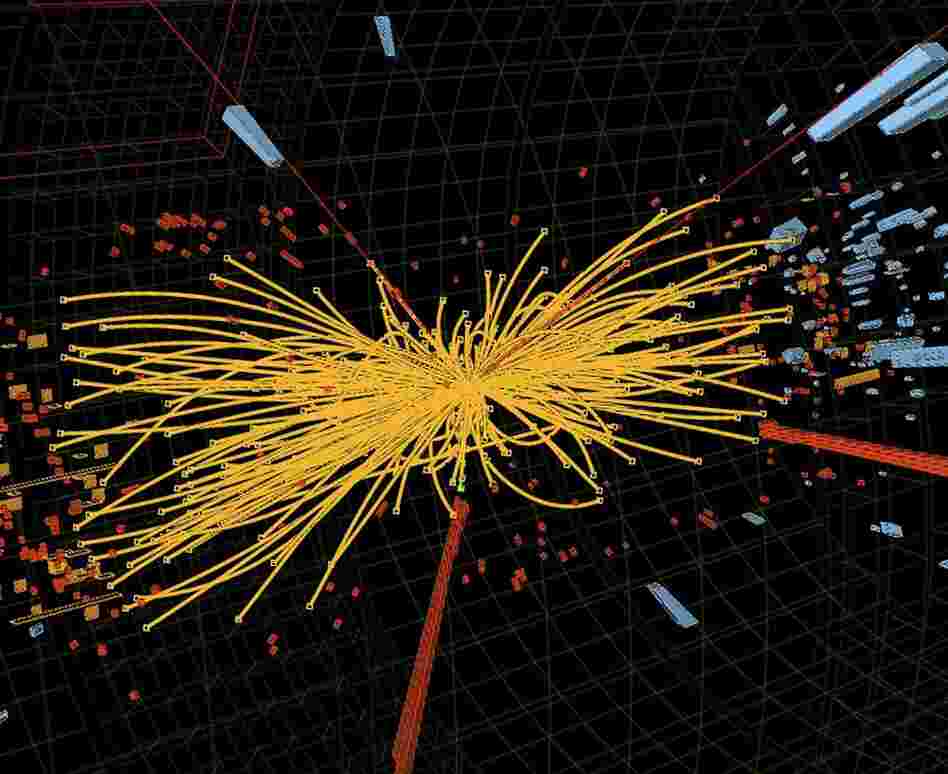 An undated handout graphic distributed on July 4, 2012 by the European Organization for Nuclear Research (CERN) in Geneva shows a representation of traces of traces of a proton-proton collision measured in the Compact Muon Solenoid (CMS) experience in the search for the Higgs boson.