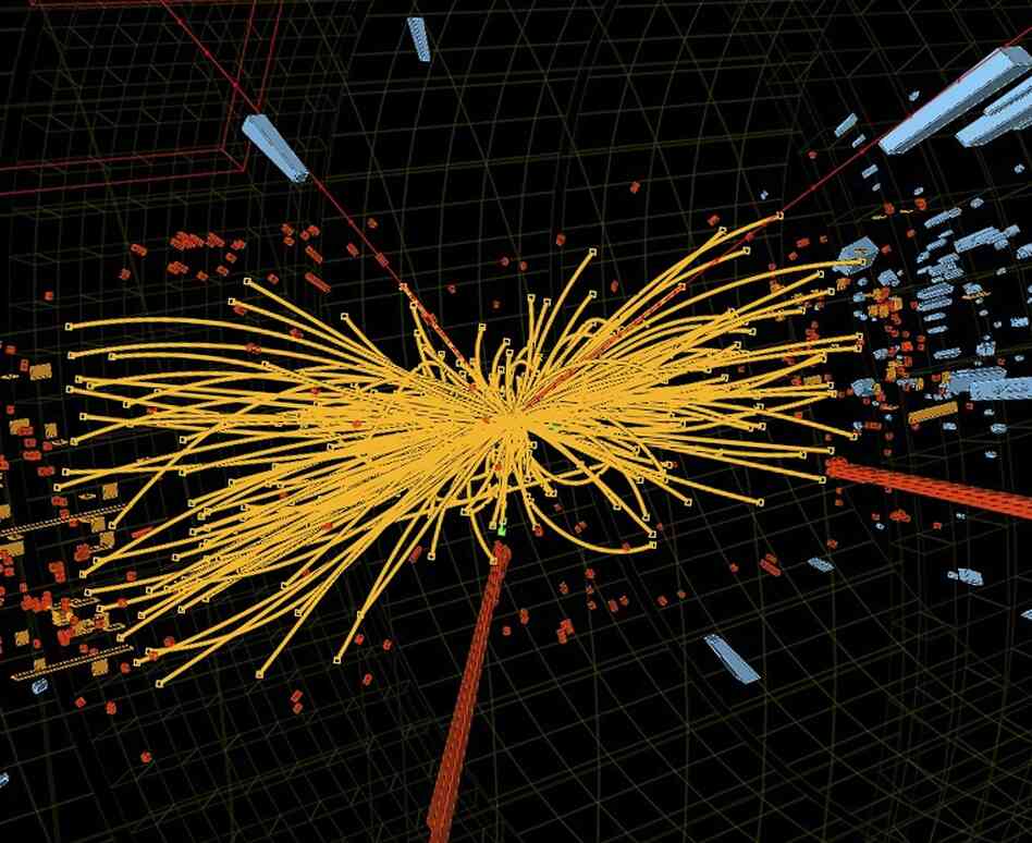 An undated handout graphic distributed on July 4, 2012 by the European Organization for Nuclear Research (CERN) in Geneva shows a representation of traces of traces of a proton-proton collision measured in the Compact Muon Solenoid (CMS) experience in the search for the Higgs boson.