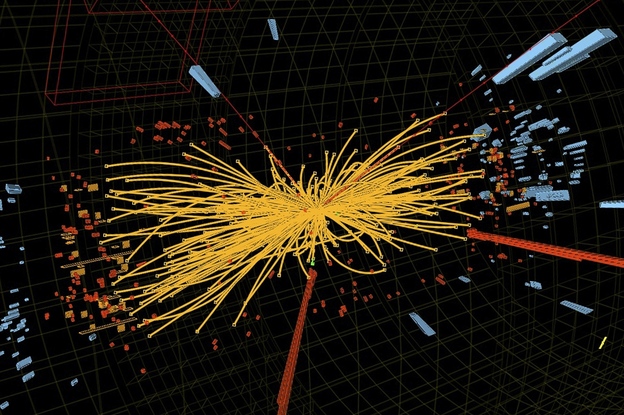 An undated handout graphic distributed on July 4, 2012 by the European Organization for Nuclear Research (CERN) in Geneva shows a representation of traces of traces of a proton-proton collision measured in the Compact Muon Solenoid (CMS) experience in the search for the Higgs boson.