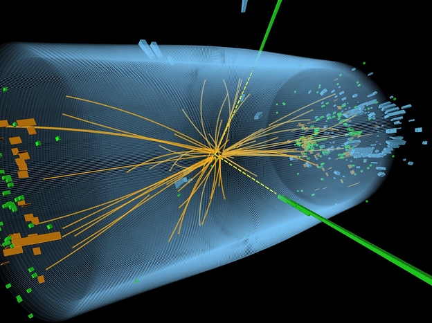 This graphic depicts a proton-proton collision from the search for the Higgs boson particle.