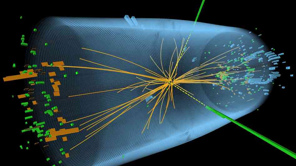 This graphic depicts a proton-proton collision from the search for the Higgs boson particle.