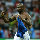 Italian forward Mario Balotelli celebrates after scoring the second goal during Italy's Euro 2012 football championships semifinal match against Germany, June 28, at the National Stadium in Warsaw.