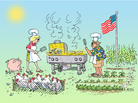 Bridget Lancaster and Jack Bishop prepare a traditional summer barbecue, as imagined by WHYY's artist-in-residence, Tony Auth. Bridget Lancaster and Jack Bishop prepare a traditional summer barbecue, as imagined by WHYY's artist-in-residence, Tony Auth.